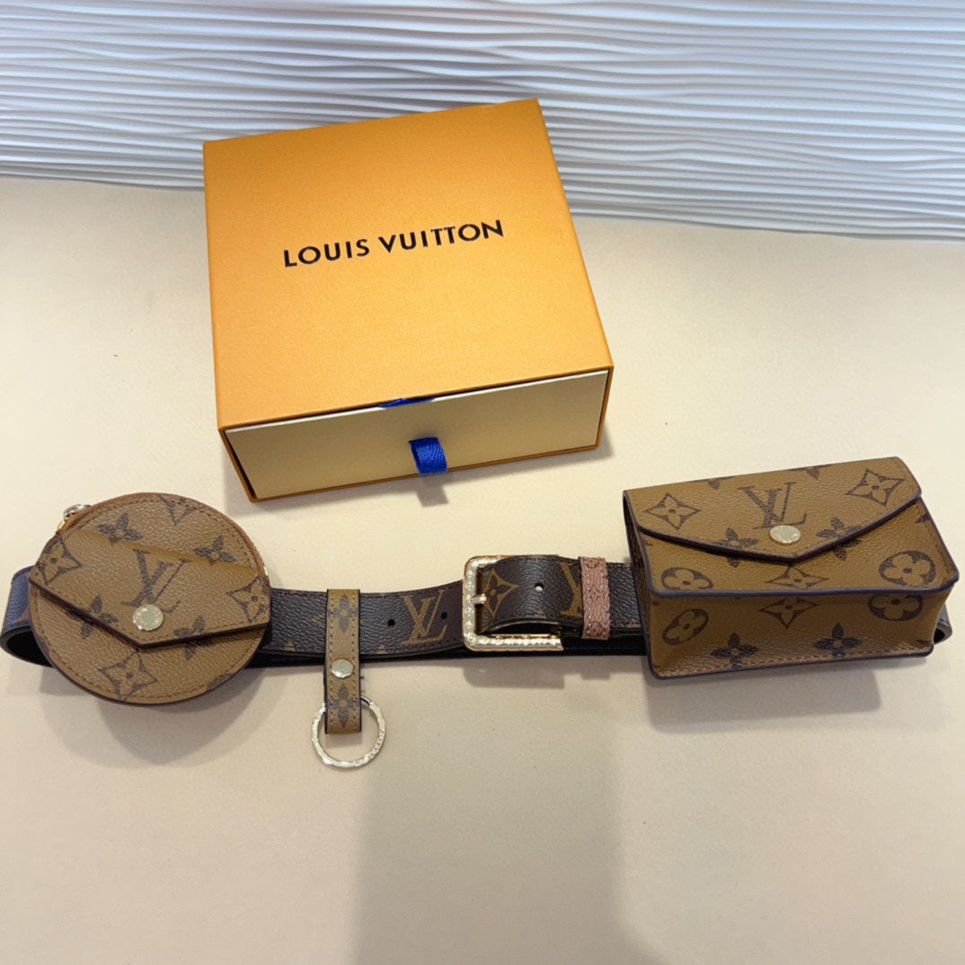 LOUIS VUITTON LV MULTI POCKET 30MM BELT IN CAMEL BROWN MONOGRAM CALFSKIN SILVER HARDWARE