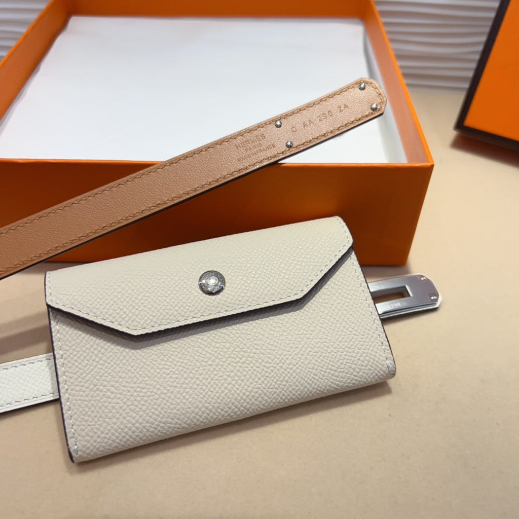 HERMES KELLY WHITE POCKET 18MM BELT LEATHER SILVER HARDWARE
