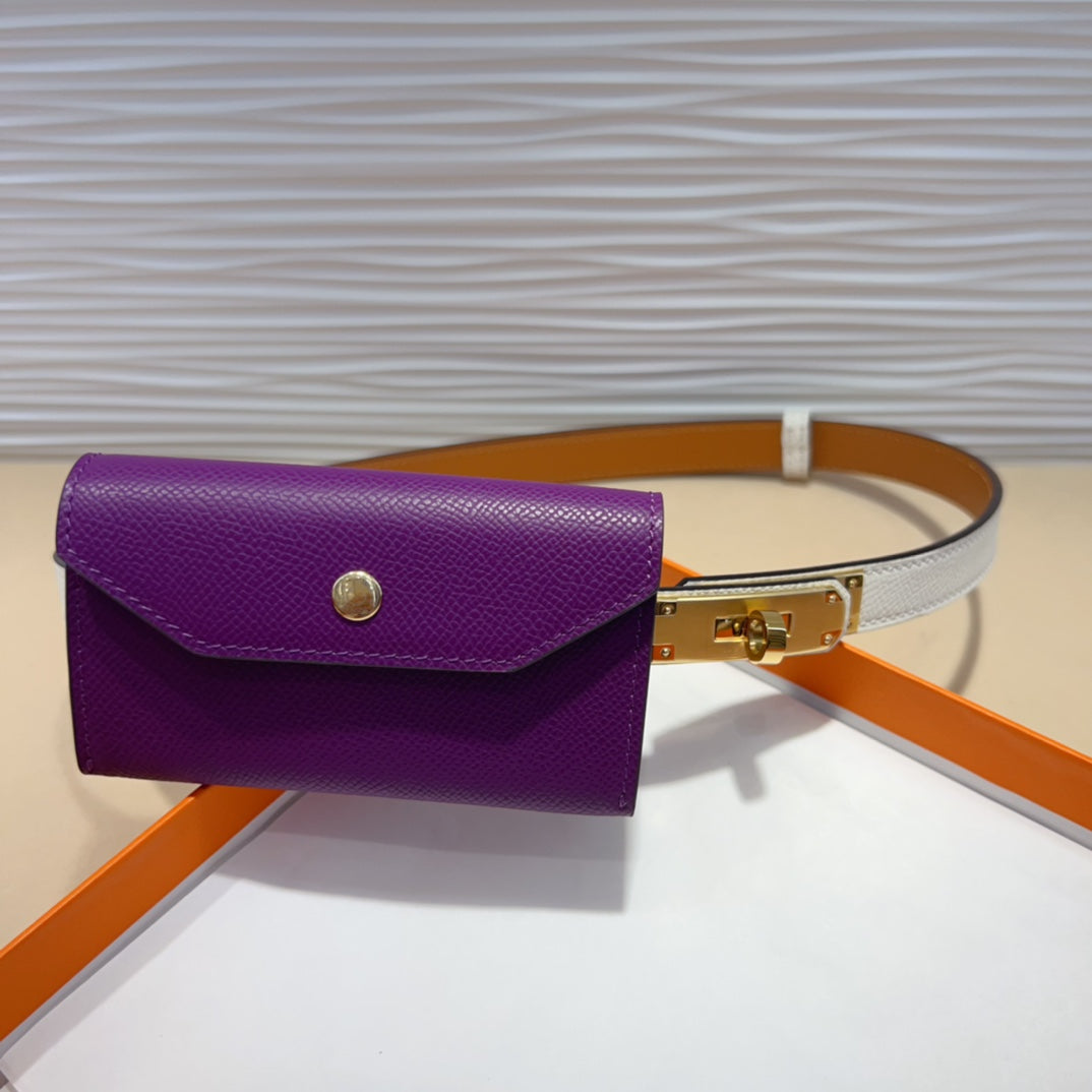 HERMES KELLY VIOLET PURPLE POCKET 18MM BELT WHITE LEATHER GOLD HARDWARE