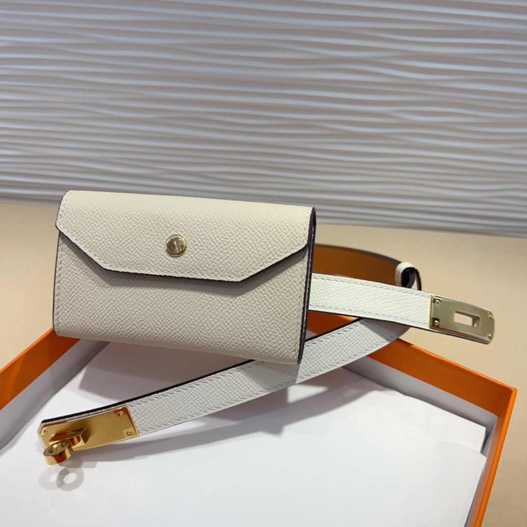HERMES KELLY POCKET 18MM BELT WHITE LEATHER GOLD HARDWARE