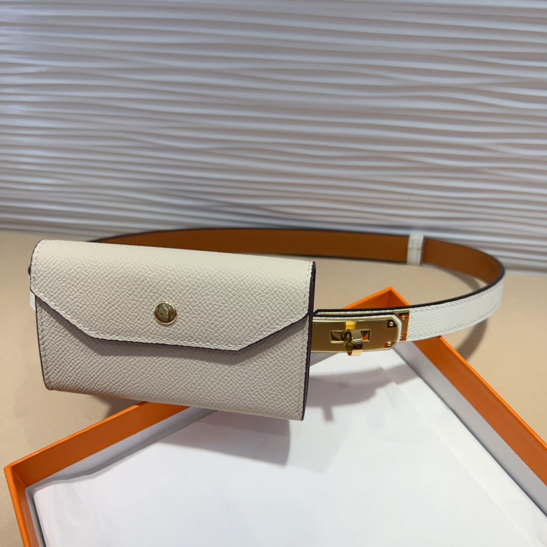 HERMES KELLY POCKET 18MM BELT WHITE LEATHER GOLD HARDWARE