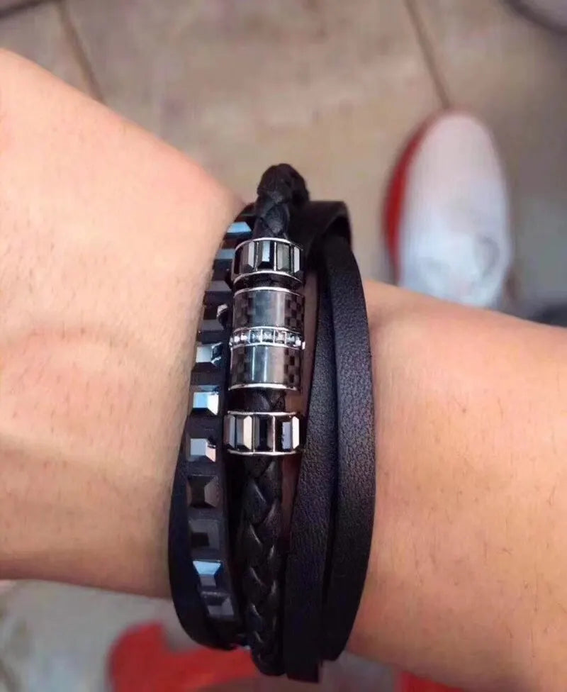 Premium Braided Leather Bracelet with Crystal Accents - Hình 4