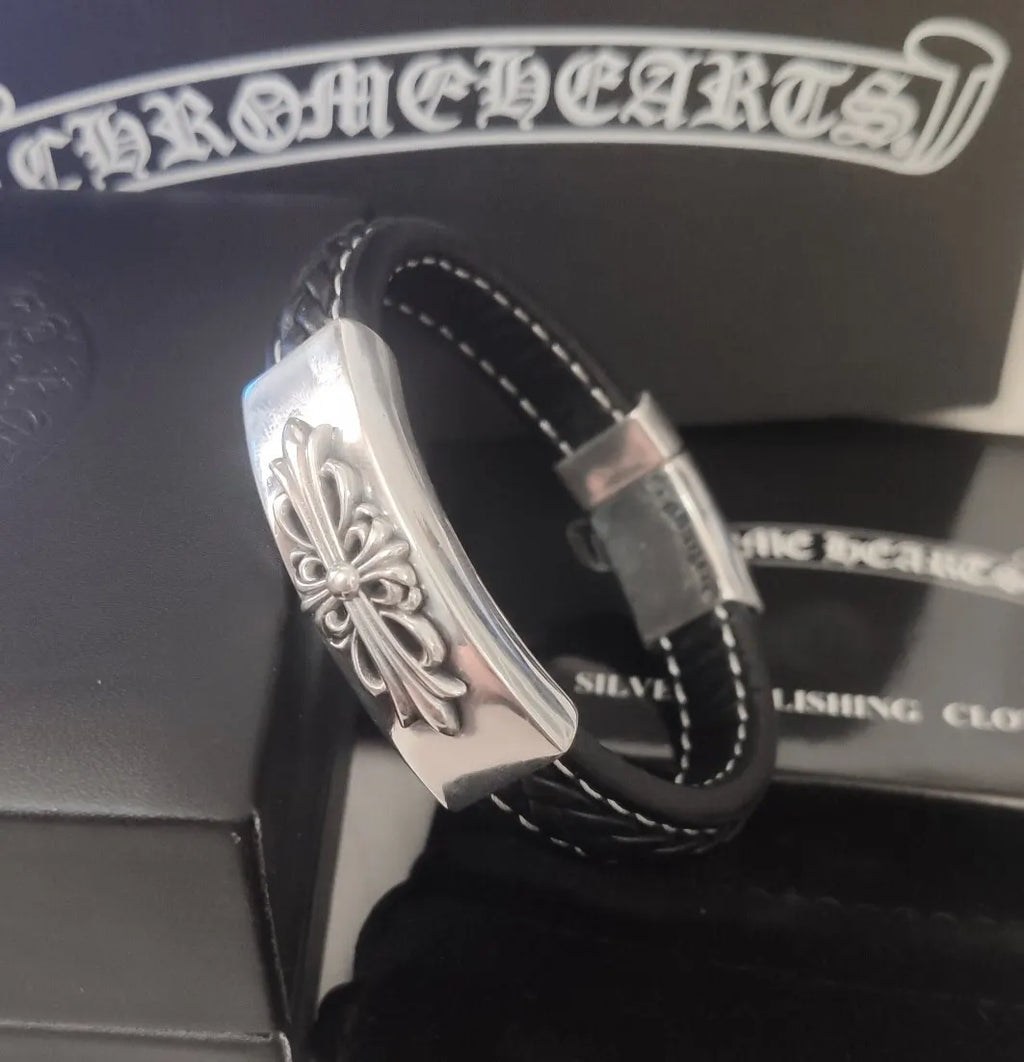 Chrome Hearts Inspired Premium Leather & Sterling Silver Bracelet
