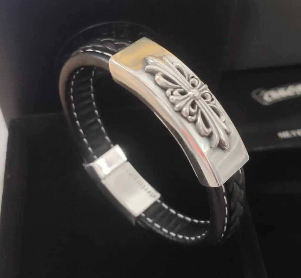Chrome Hearts Inspired Premium Leather & Sterling Silver Bracelet - Hình 2