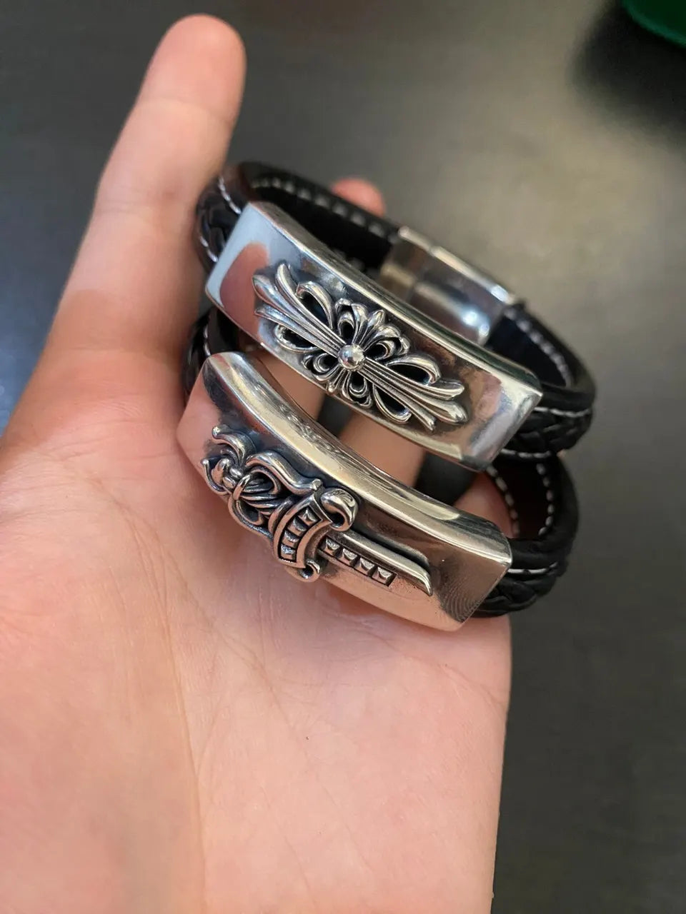 Chrome Hearts Inspired Premium Leather & Sterling Silver Bracelet - Hình 5