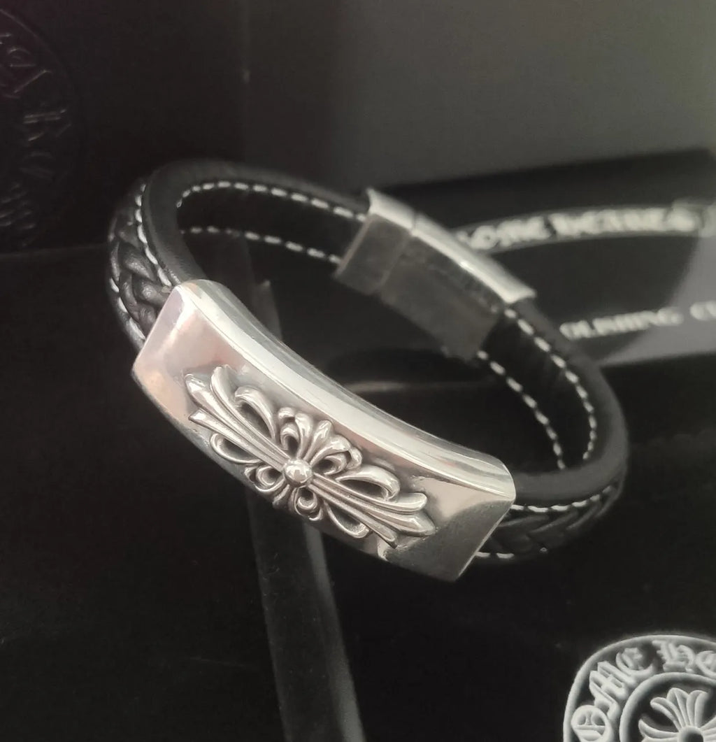 Chrome Hearts Inspired Premium Leather & Sterling Silver Bracelet - Hình 7