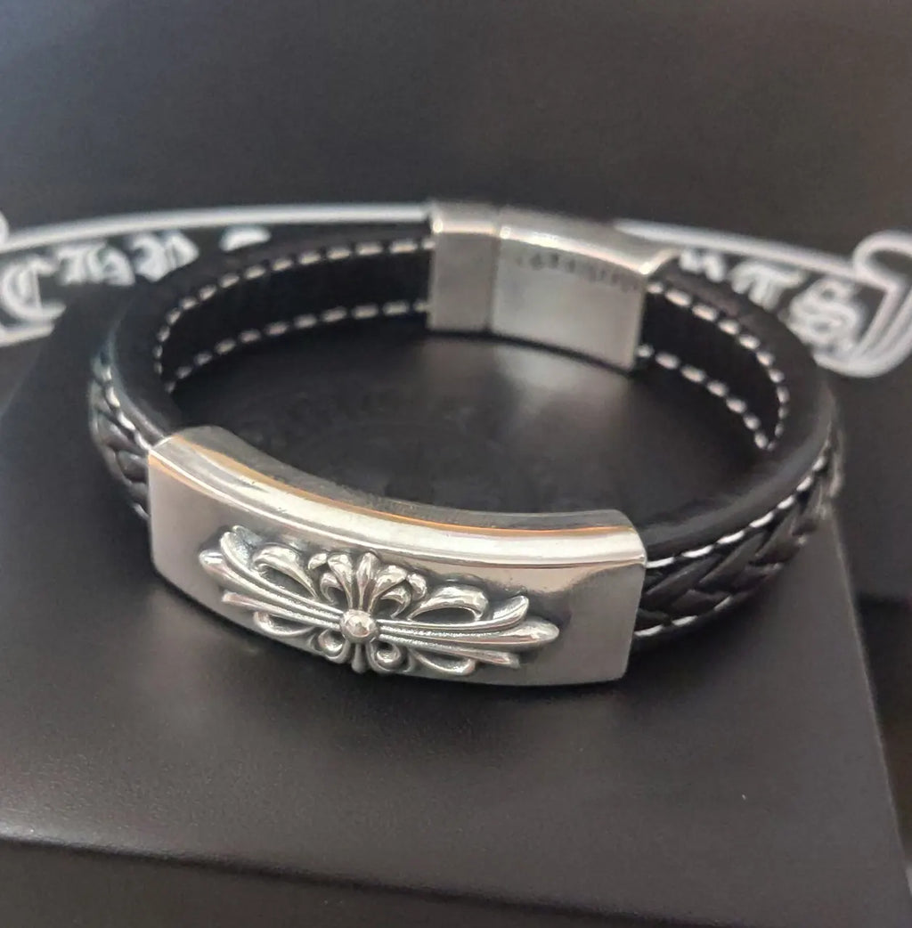 Chrome Hearts Inspired Premium Leather & Sterling Silver Bracelet - Hình 8