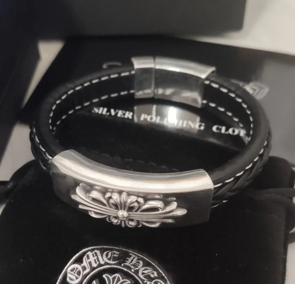 Chrome Hearts Inspired Premium Leather & Sterling Silver Bracelet - Hình 9