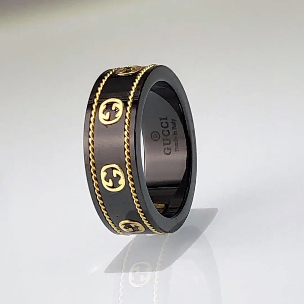 gold Gucci Black Ceramic Ring - Hình 3