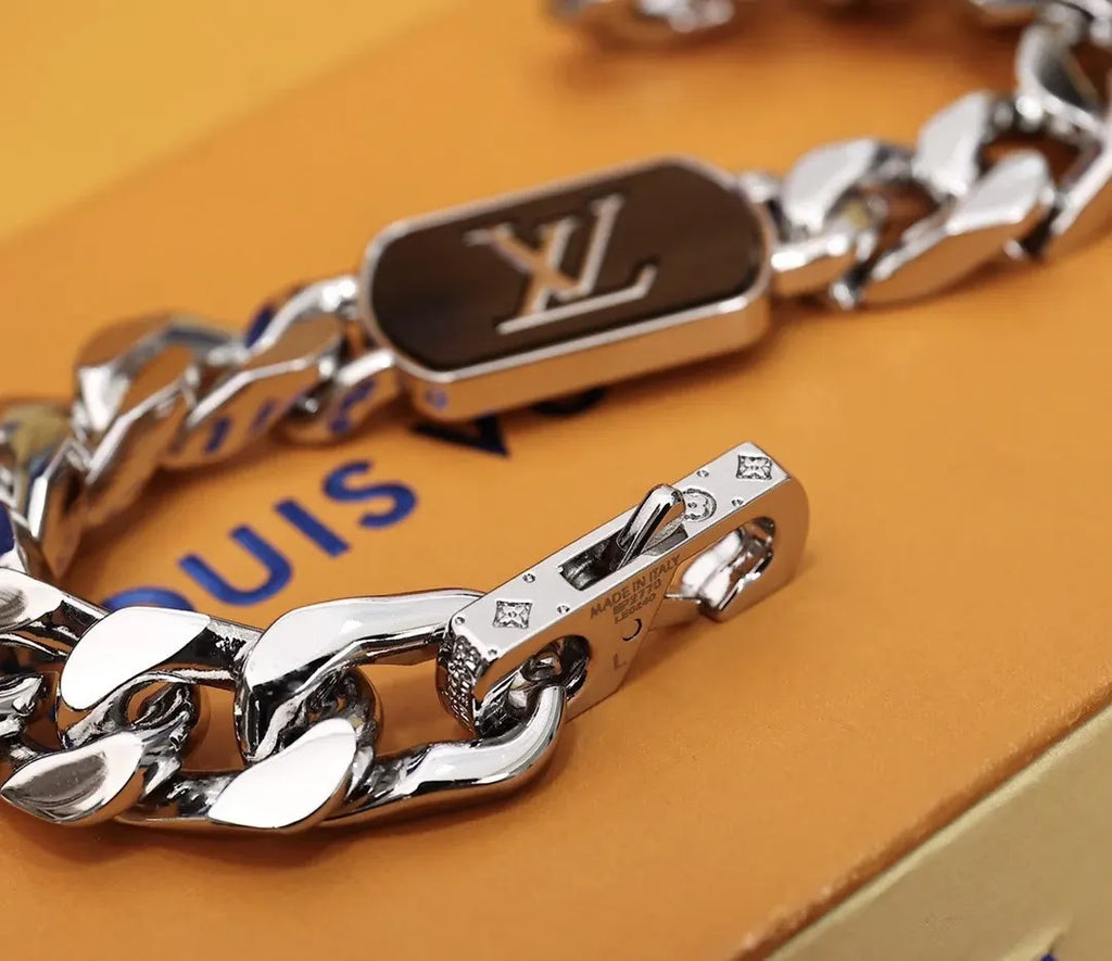 Premium Silver Chain Bracelet with LV Logo - Hình 5