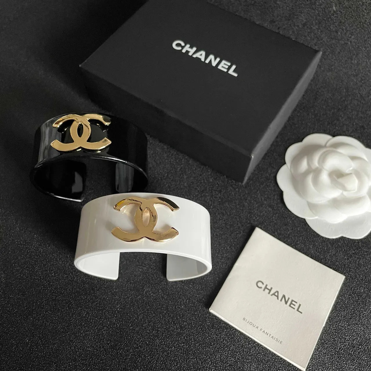 Designer Inspired Black Bangle Bracelet with Gold Logo - Hình 2