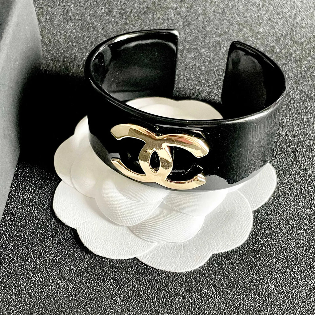 Designer Inspired Black Bangle Bracelet with Gold Logo - Hình 9