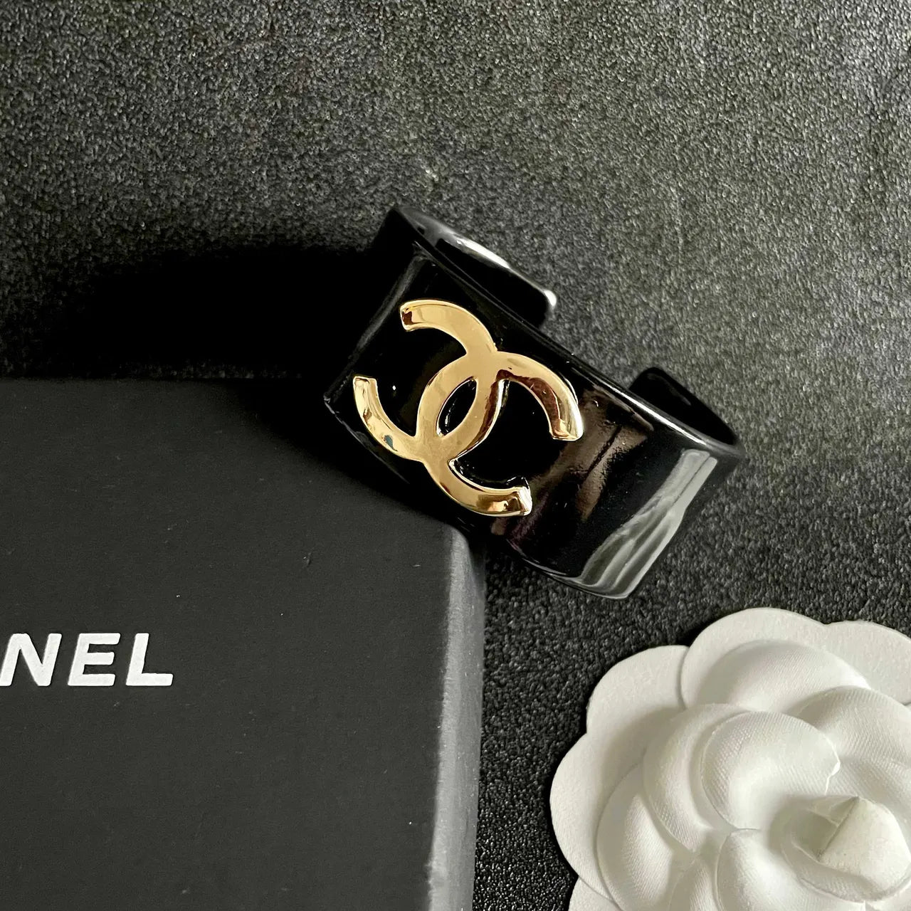 Designer Inspired Black Bangle Bracelet with Gold Logo - Hình 10