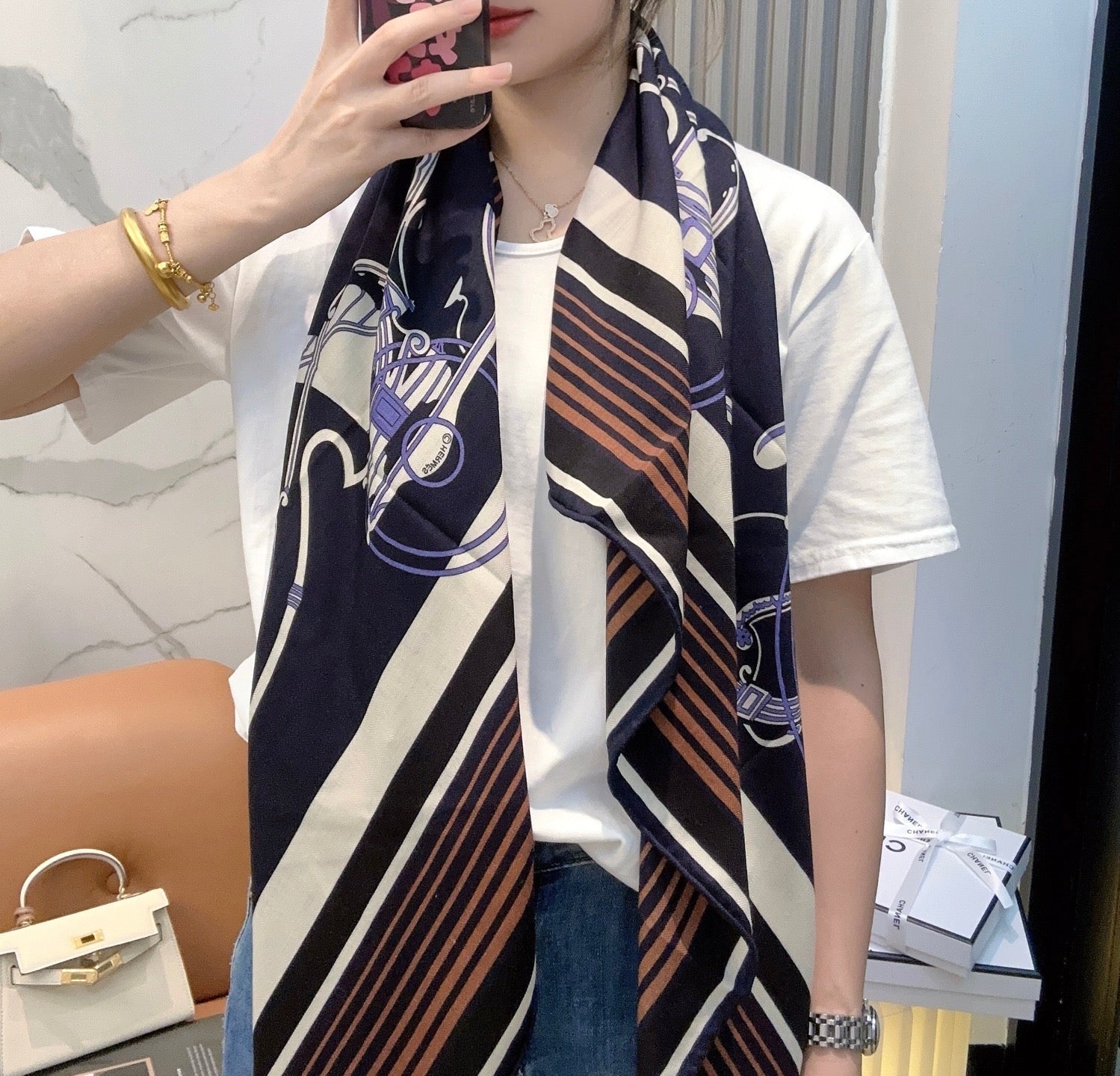 HERMES HERMES 25S SCARF 140 IN CASERE SILK 854528