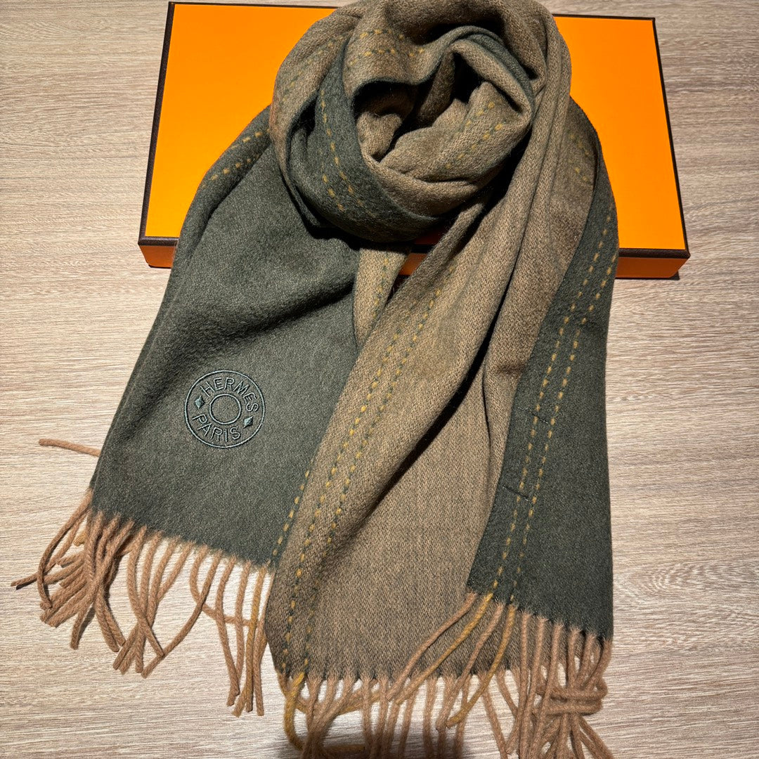 HERMES UNIE BRODEE MUFFLER 200 CM IN SEAWEED GREEN CASERE