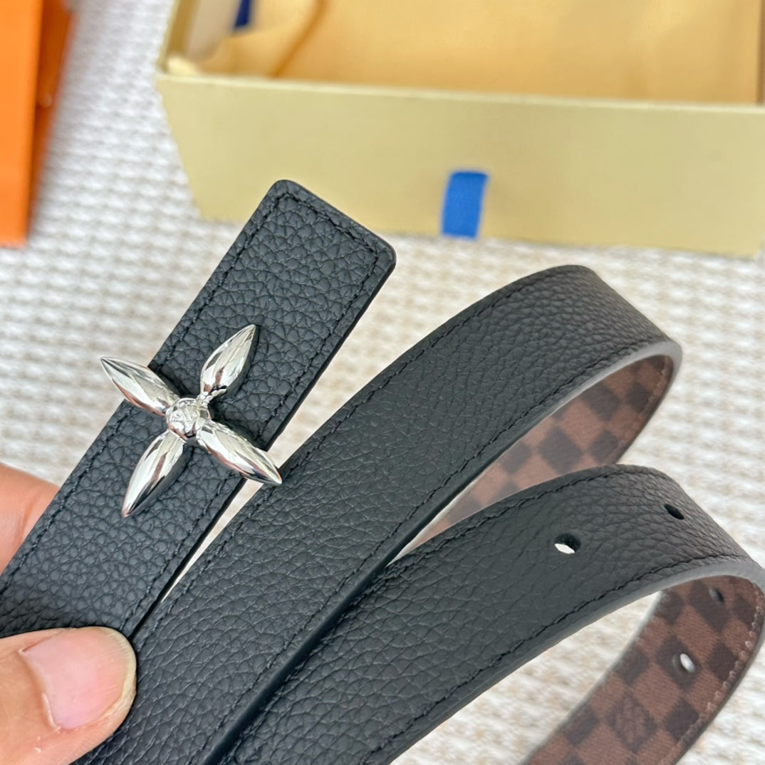 LOUIS VUITTON LV FLOWERGRAM 25 MM REVERSIBLE BELT IN BROWN DAMIER CALFSKIN SILVER HARDWARE