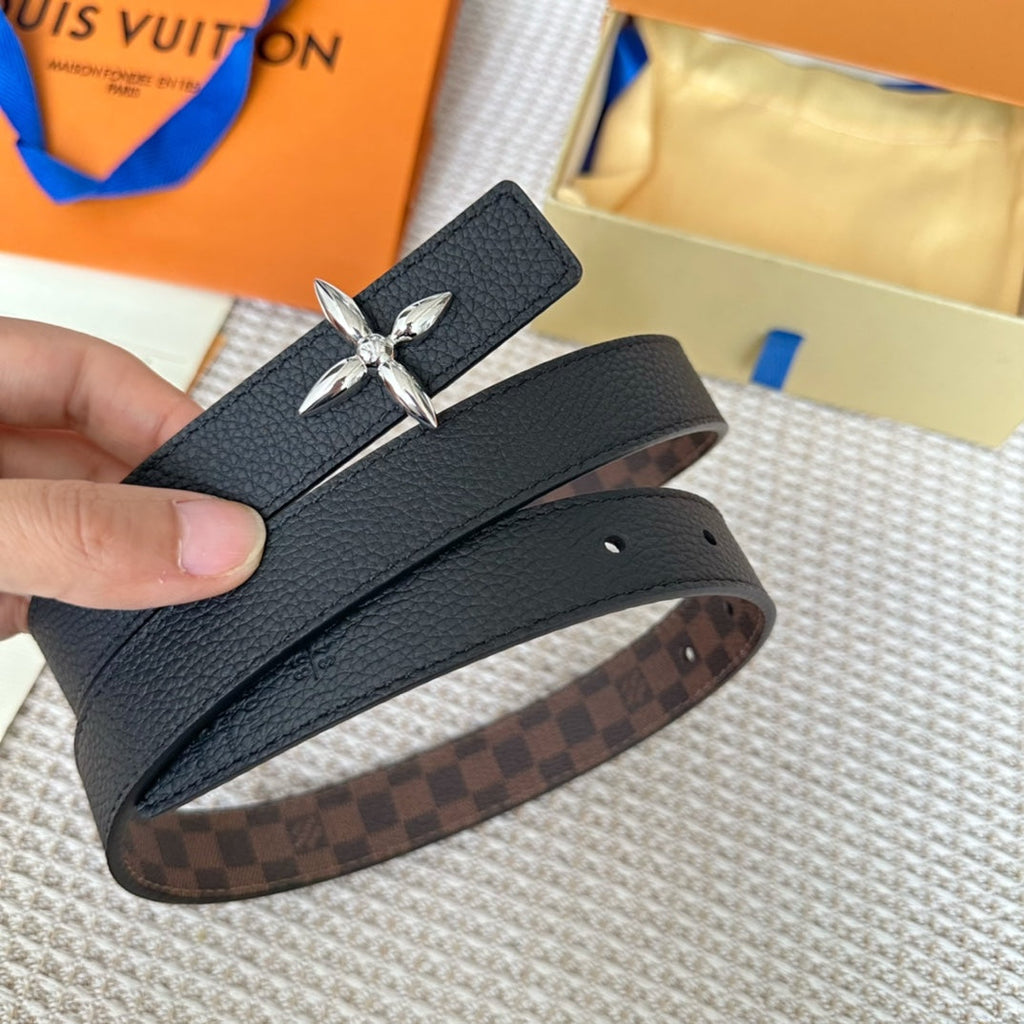 LOUIS VUITTON LV FLOWERGRAM 25 MM REVERSIBLE BELT IN BROWN DAMIER CALFSKIN SILVER HARDWARE