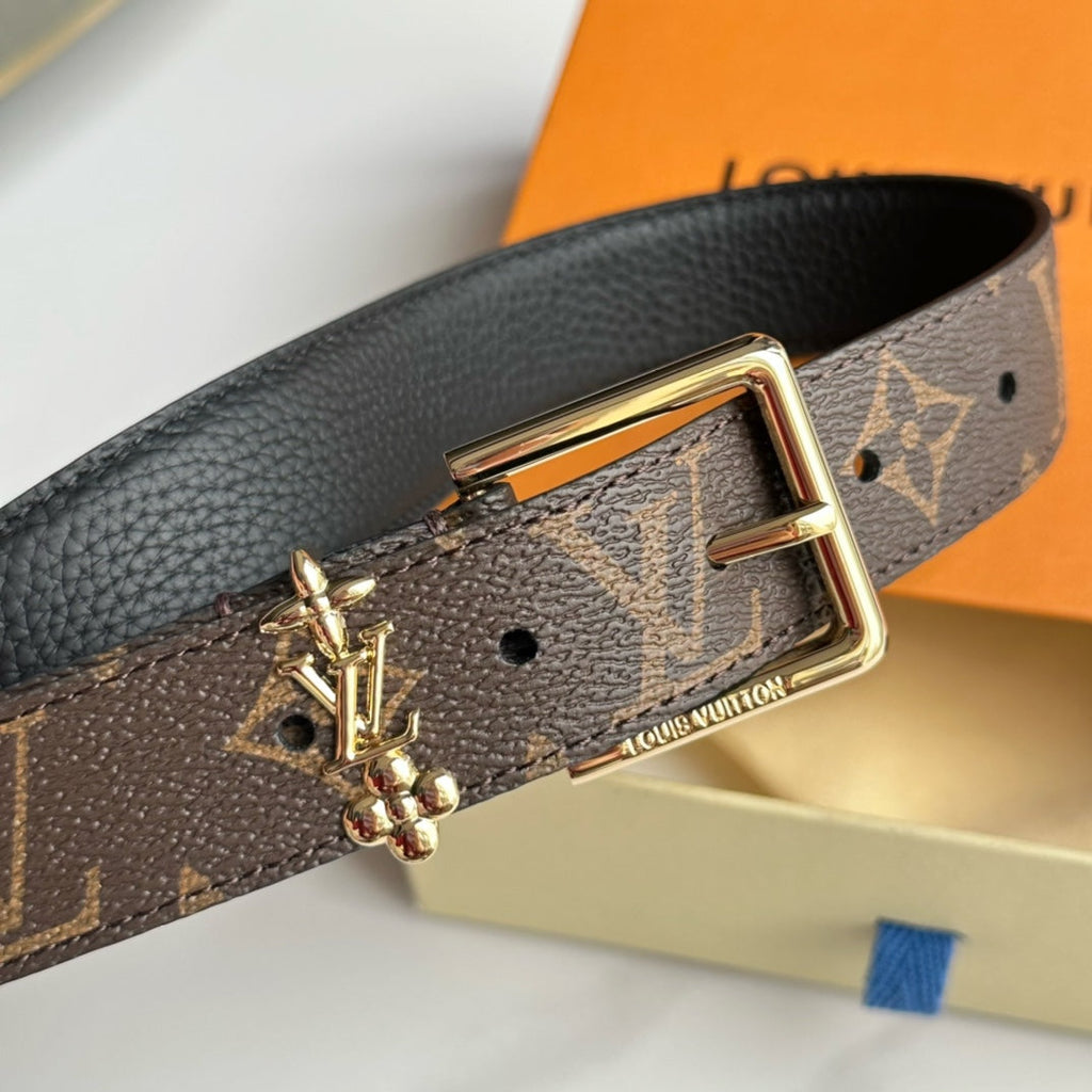 LOUIS VUITTON LV Bloom 30mm Belt Gold Buckle Black Brown Leather