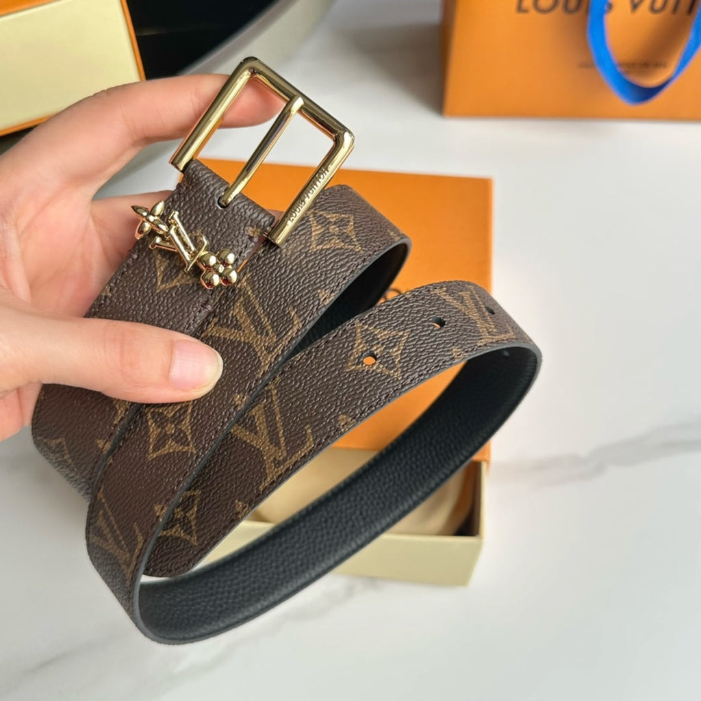 LOUIS VUITTON LV BLOOM 30MM BELT IN BROWN MONOGRAM CALFSKIN GOLD HARDWARE