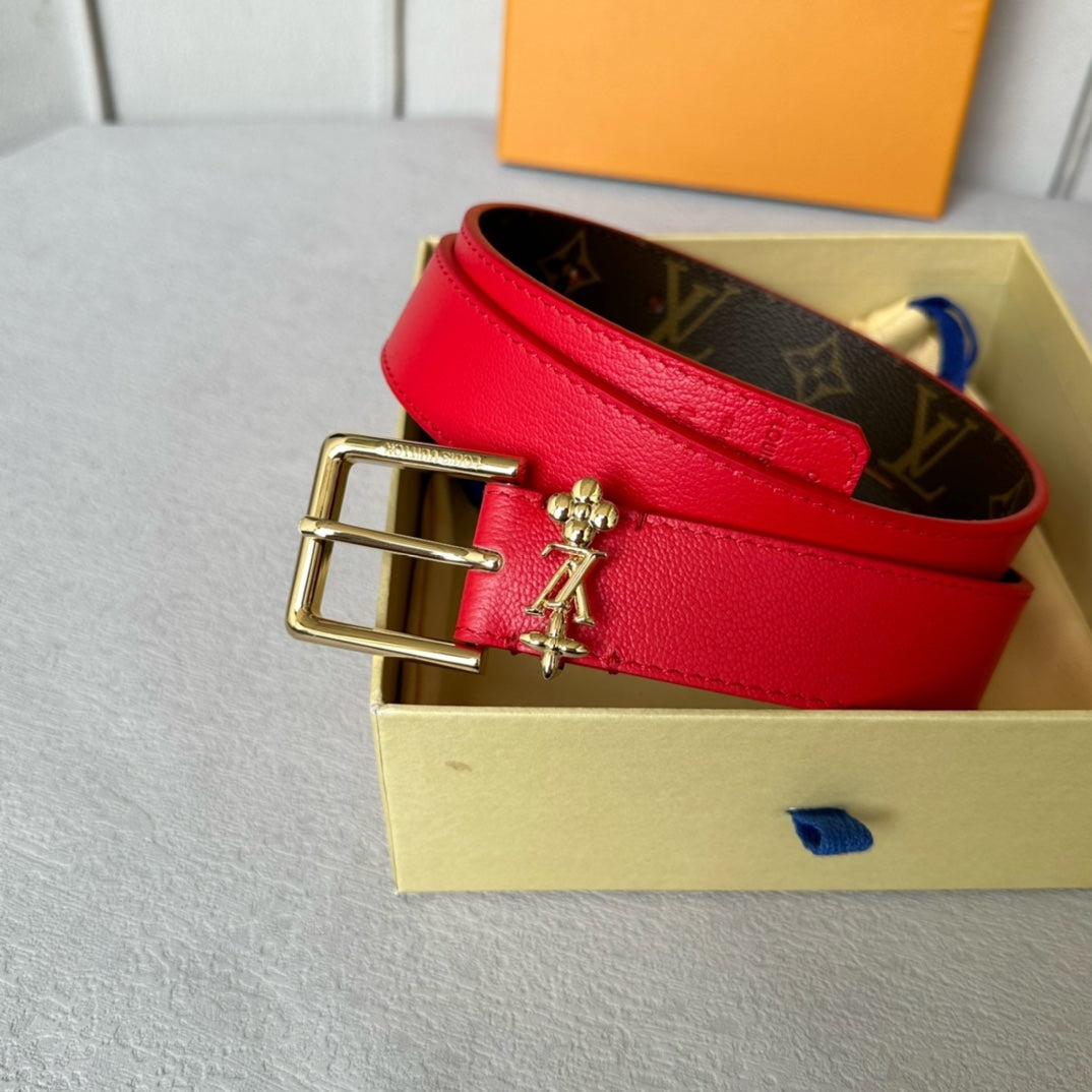 LOUIS VUITTON LV BLOOM 30MM BELT IN ROSE RED CALFSKIN GOLD HARDWARE