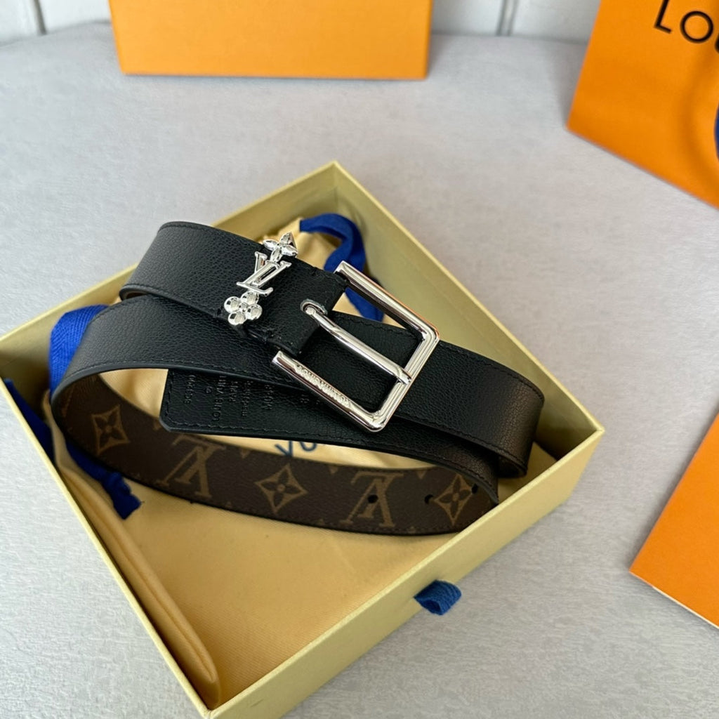LOUIS VUITTON LV BLOOM 30MM BELT IN BLACK CALFSKIN SILVER HARDWARE