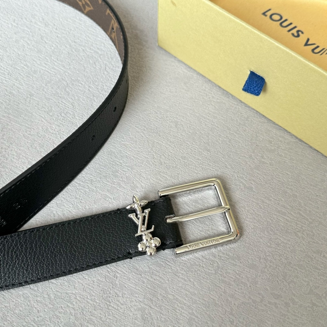 LOUIS VUITTON LV BLOOM 30MM BELT IN BLACK CALFSKIN SILVER HARDWARE