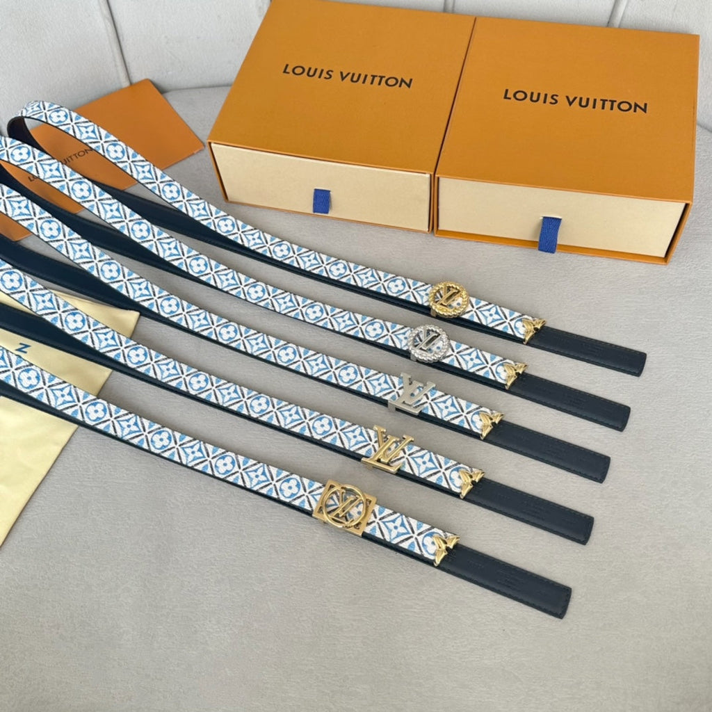 LOUIS VUITTON Pretty LV 20mm Reversible Belt Gold Buckle Black White Blue Leather