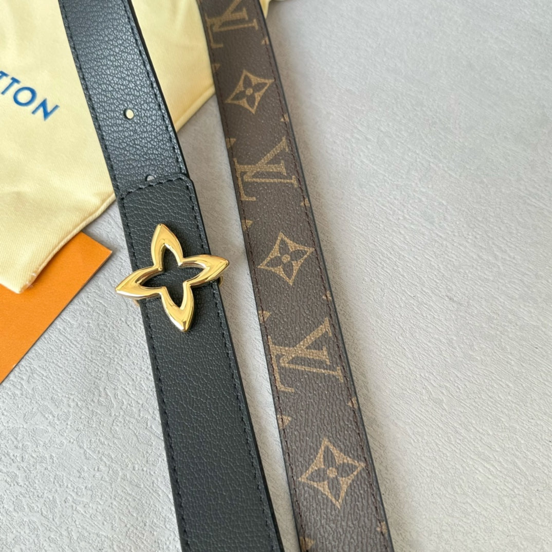 LOUIS VUITTON LV MINI FLOWERGRAM 30MM REVERSIBLE BELT IN BLACK CALFSKIN GOLD HARDWARE
