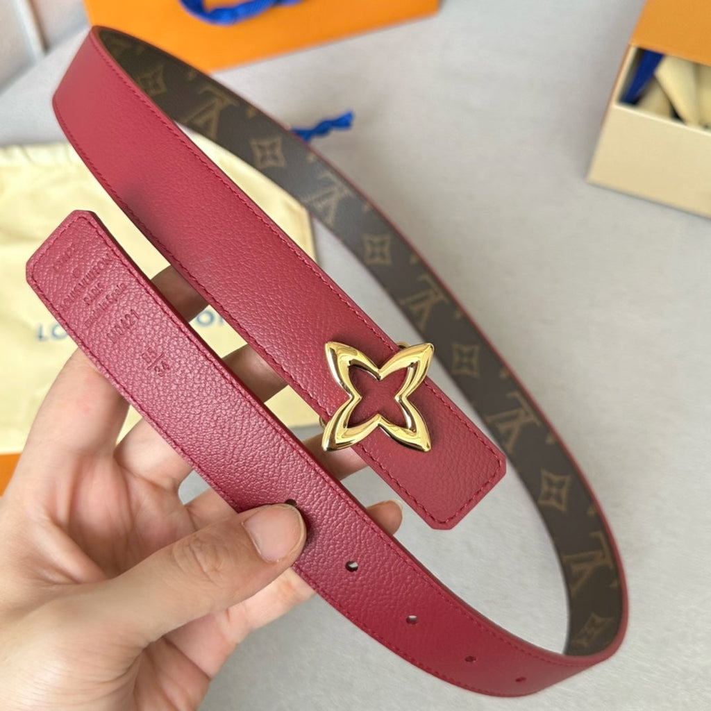 LOUIS VUITTON LV MINI FLOWERGRAM 30MM REVERSIBLE BELT IN BLOOD RED CALFSKIN GOLD HARDWARE