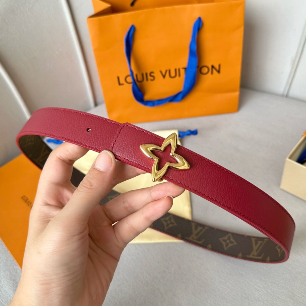 LOUIS VUITTON LV MINI FLOWERGRAM 30MM REVERSIBLE BELT IN BLOOD RED CALFSKIN GOLD HARDWARE