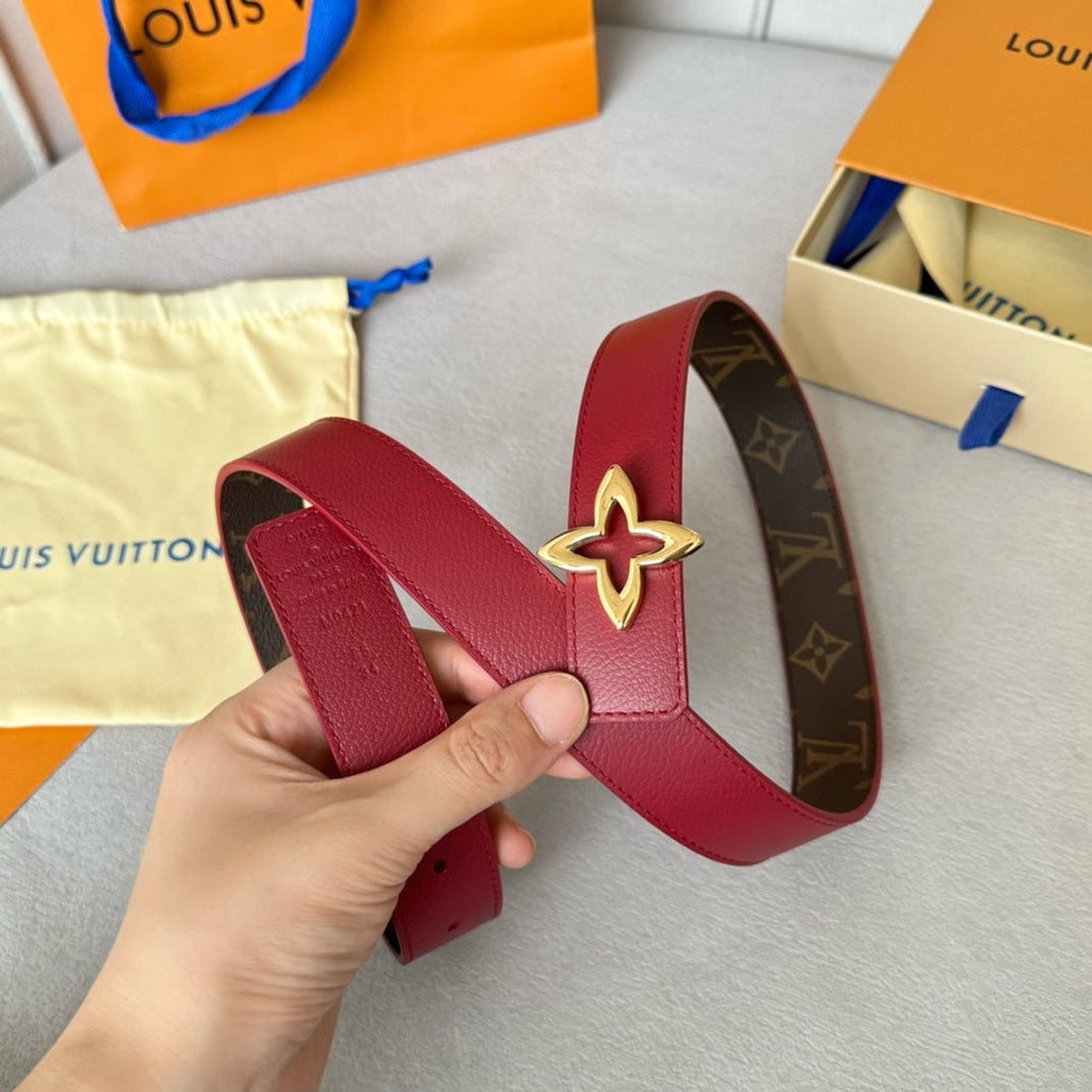 LOUIS VUITTON LV MINI FLOWERGRAM 30MM REVERSIBLE BELT IN BLOOD RED CALFSKIN GOLD HARDWARE