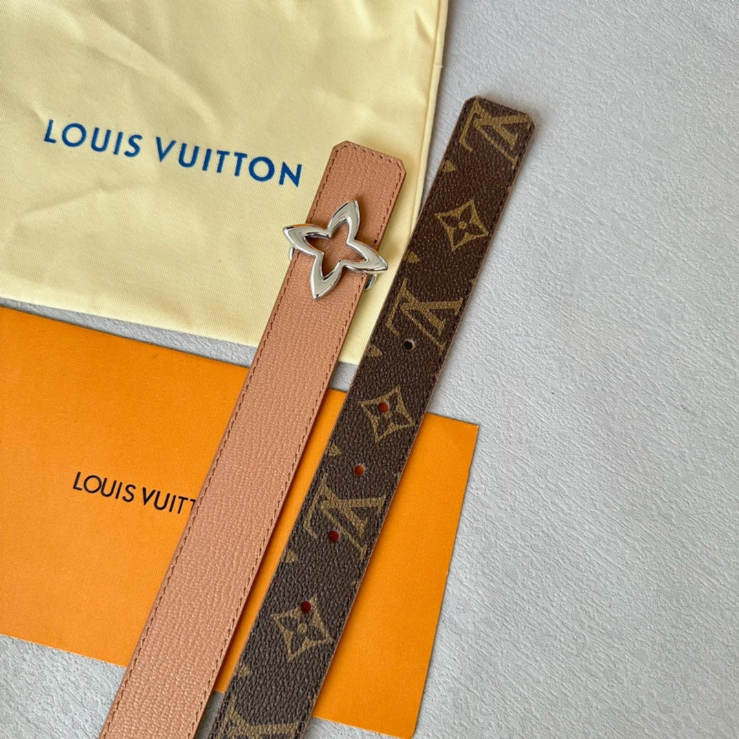 LOUIS VUITTON LV MINI FLOWERGRAM 30MM REVERSIBLE BELT IN BUFF BROWN CALFSKIN SILVER HARDWARE