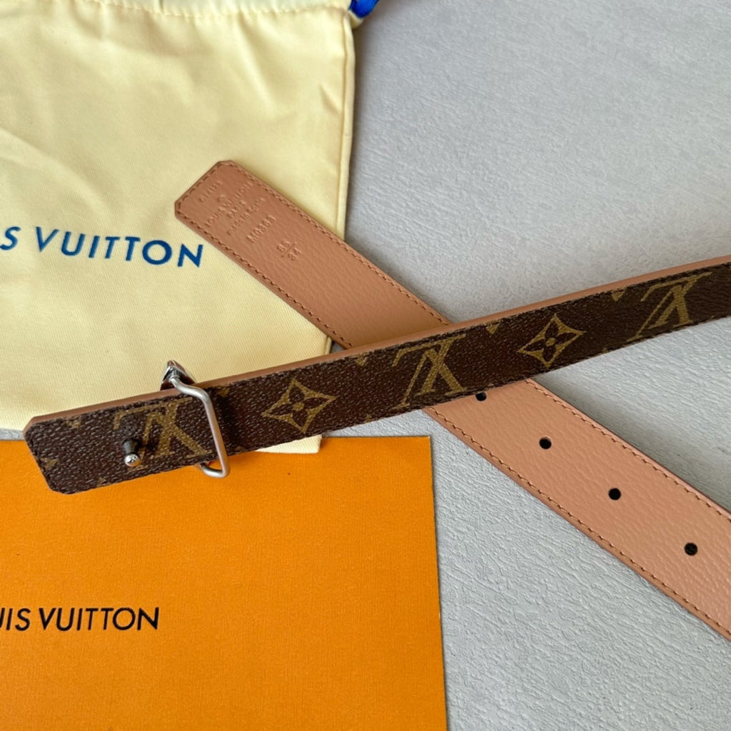 LOUIS VUITTON LV Flowergram 30mm Reversible Belt Silver Buckle Beige Brown Leather