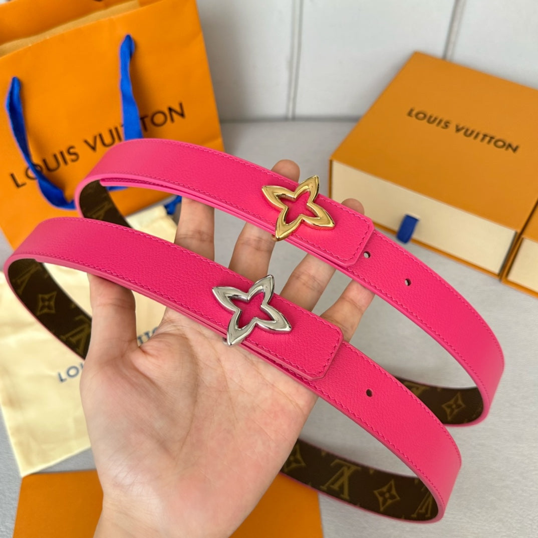 LOUIS VUITTON LV Flowergram 30mm Reversible Belt Gold Buckle Hot Pink Brown Leather