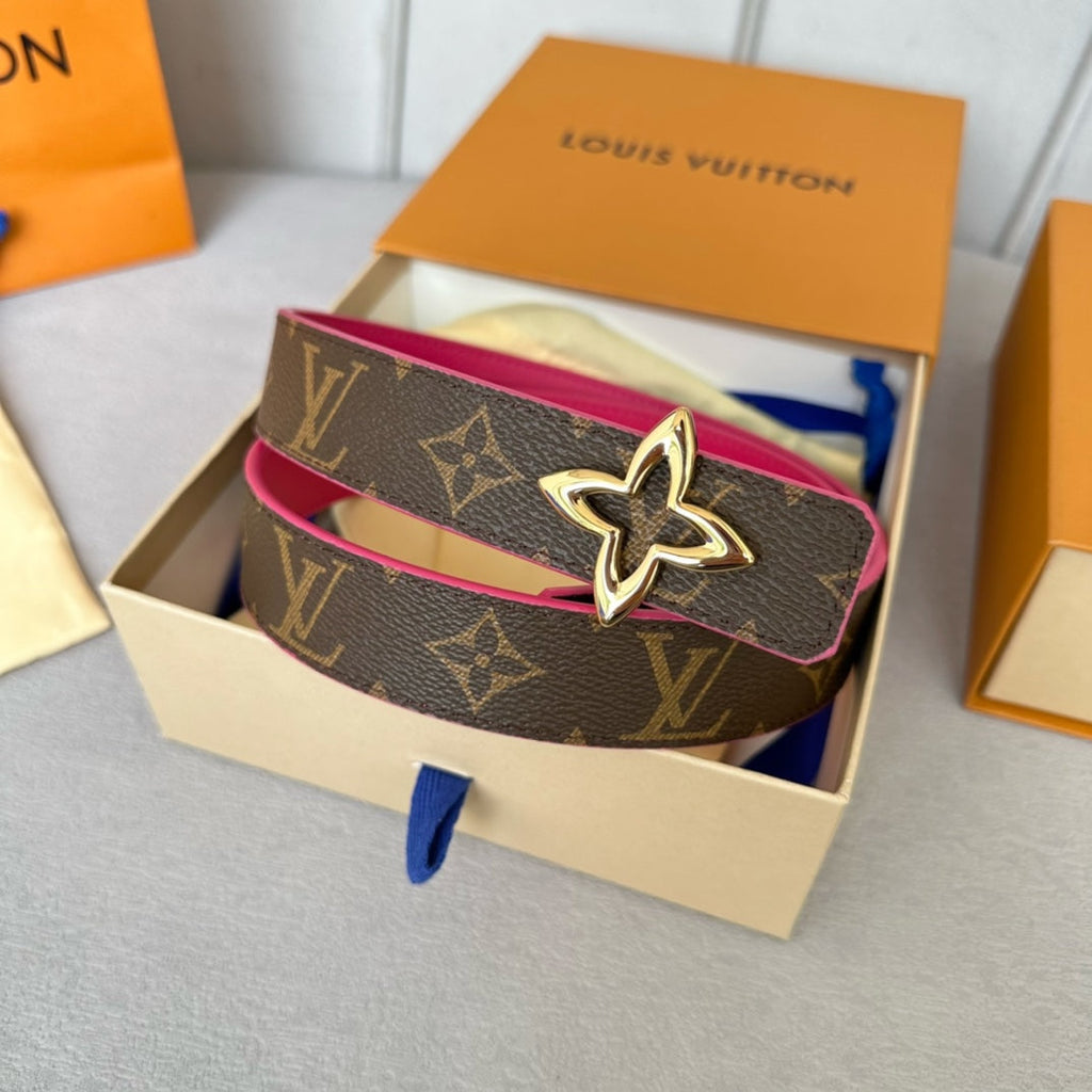 LOUIS VUITTON LV MINI FLOWERGRAM 30MM REVERSIBLE BELT IN BRIGHT PINK CALFSKIN GOLD HARDWARE