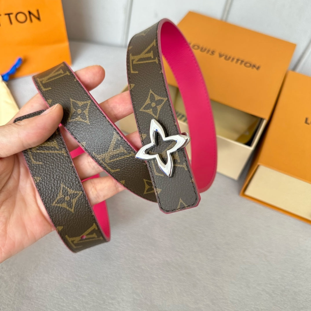 LOUIS VUITTON LV MINI FLOWERGRAM 30MM REVERSIBLE BELT IN BRIGHT PINK CALFSKIN SILVER HARDWARE