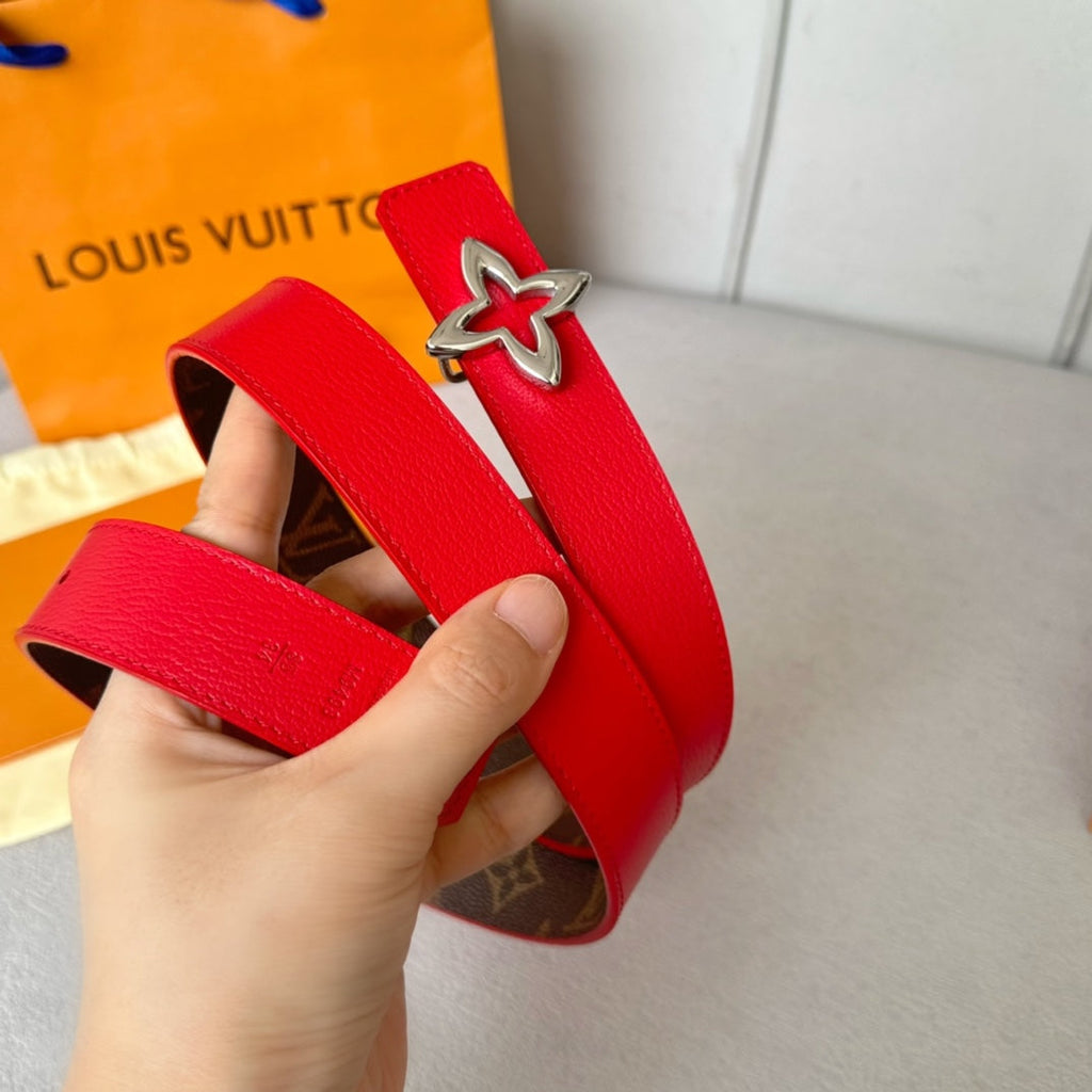LOUIS VUITTON LV MINI FLOWERGRAM 30MM REVERSIBLE BELT IN CHERRY RED CALFSKIN SILVER HARDWARE
