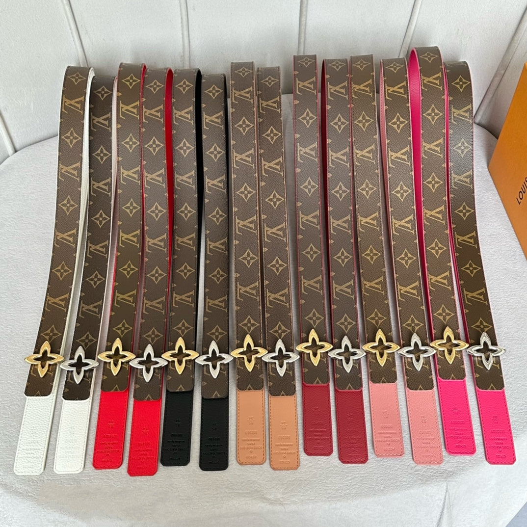 LOUIS VUITTON LV Flowergram 30mm Reversible Belt Gold Buckle Red Brown Leather