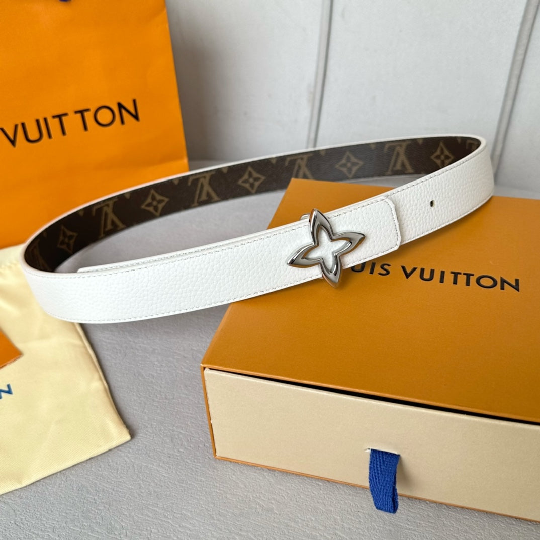 LOUIS VUITTON LV MINI FLOWERGRAM 30MM REVERSIBLE BELT IN WHITE CALFSKIN SILVER HARDWARE