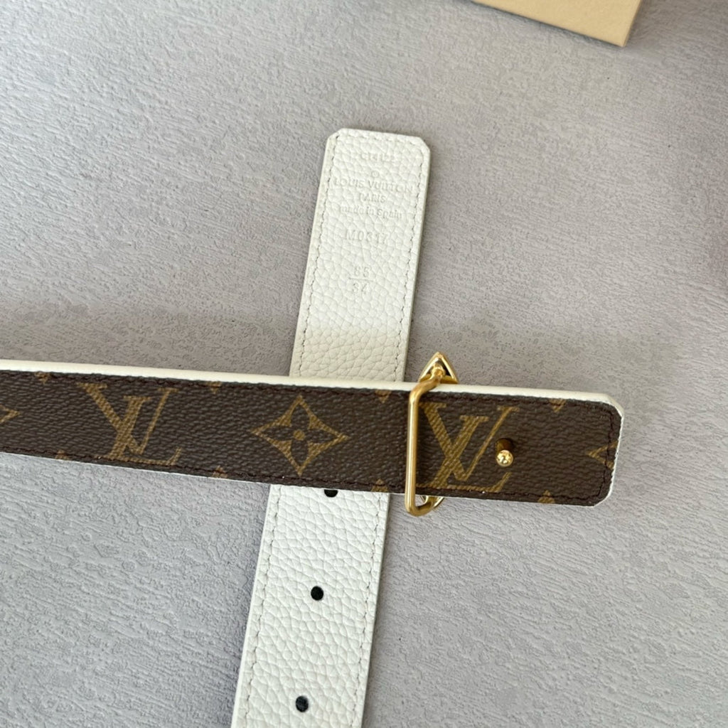 LOUIS VUITTON LV Flowergram 30mm Reversible Belt Gold Buckle White Brown Leather