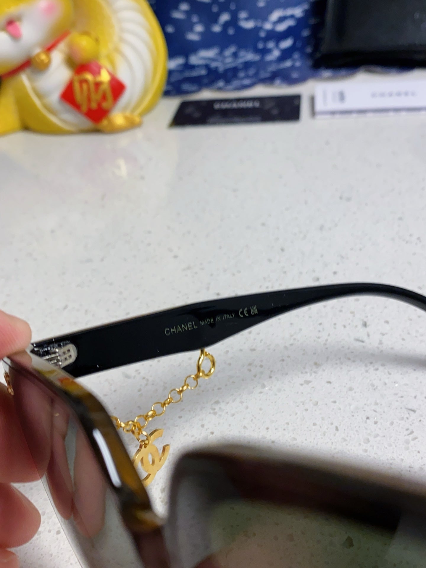 CHANEL SQUARE SUNGLASSES 641808 IN BLACK OMBRE ORANGE ACETATE GOLD CHAIN