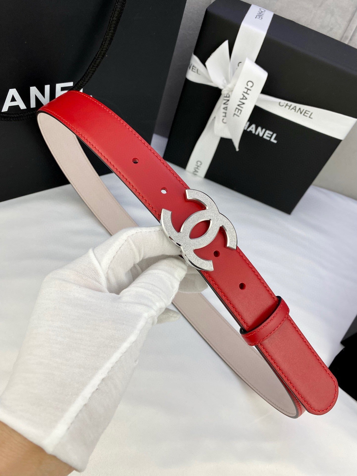CHANEL DOUBLE C BELT 30MM IN RED CALFSKIN METAL BUCKLE