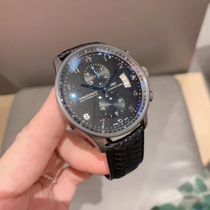leather IWC Pilot Chronograph Black Dial - Hình 6