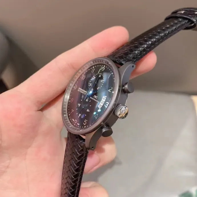 leather IWC Pilot Chronograph Black Dial - Hình 5