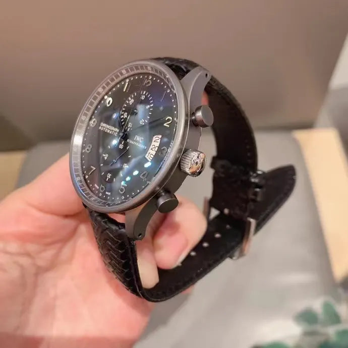 leather IWC Pilot Chronograph Black Dial - Hình 3