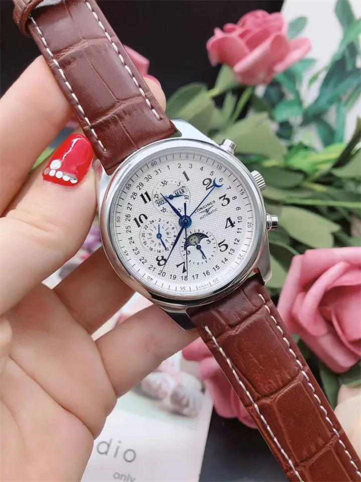brown Longines Moonphase Silver Dial