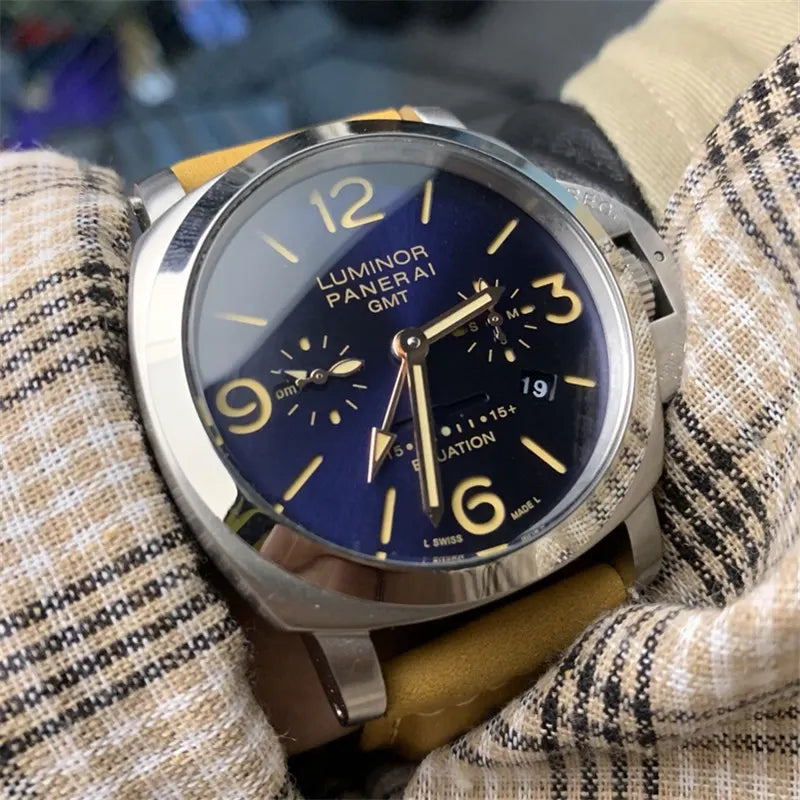 tan Panerai Luminor GMT Blue Dial