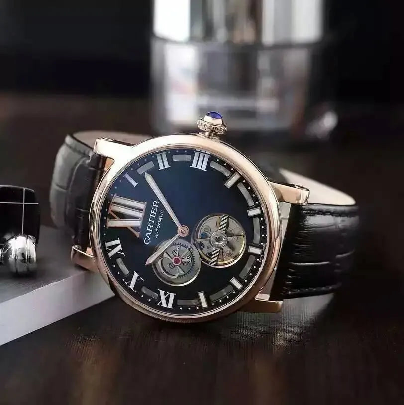 leather Cartier Black Dial Rose Gold - Hình 2