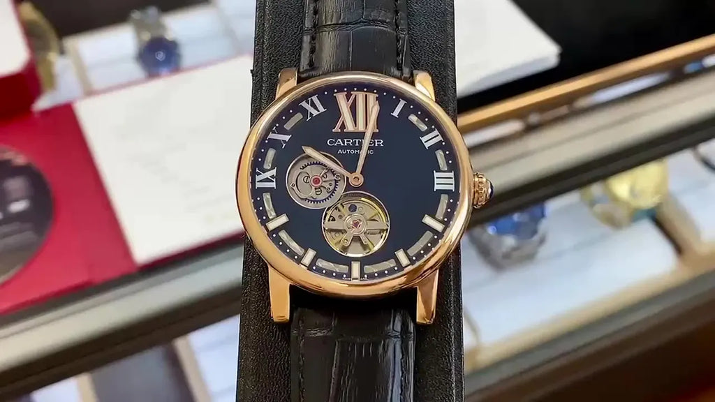 leather Cartier Black Dial Rose Gold