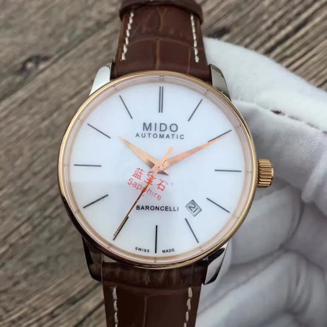 Mido Baroncelli White Dial Brown Leather - Hình 3
